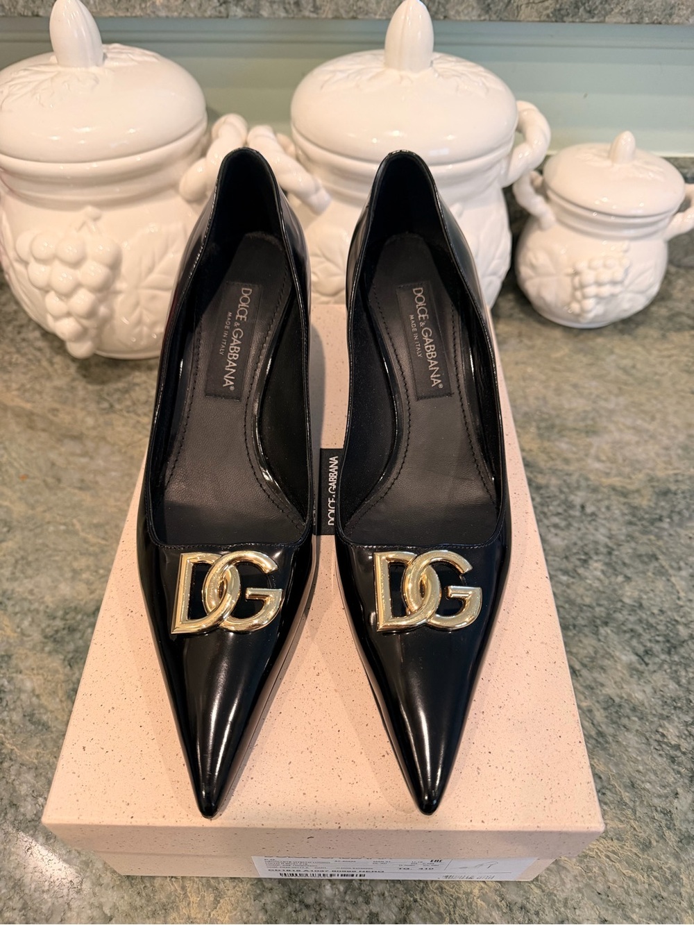 Dolce & Gabbana Black Patent Leather DG Logo Pointed Toe Pumps